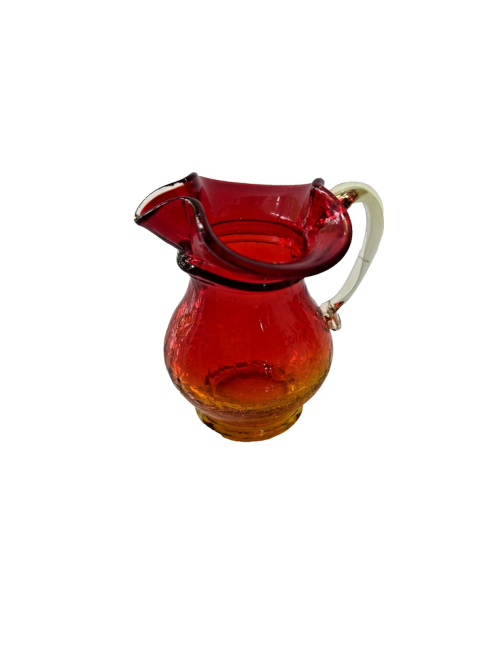 Vintage Amberina Art Glass Mini Pitcher Red Yellow Ruffled Rim Applied Handle 4"